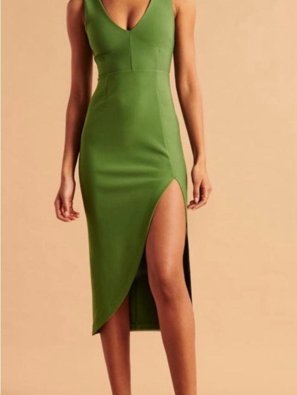 Abercrombie & Fitch Olive Green V-Neck Midi Dress with Side Slit